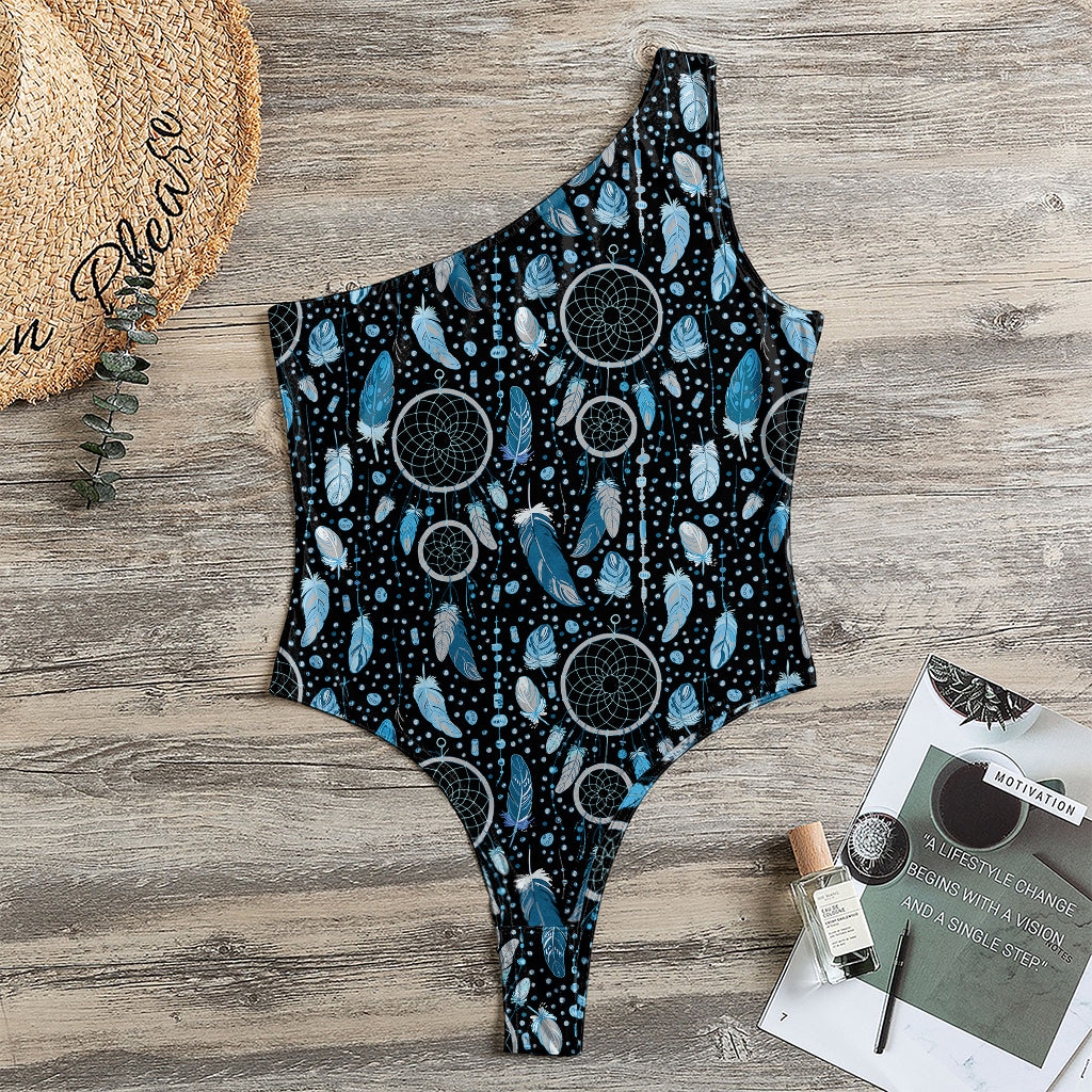 Blue Native Dream Catcher Pattern Print One Shoulder Bodysuit