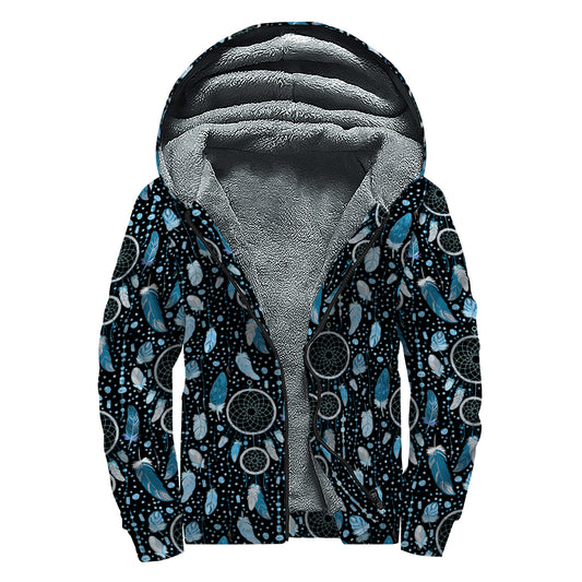 Blue Native Dream Catcher Pattern Print Sherpa Lined Zip Up Hoodie