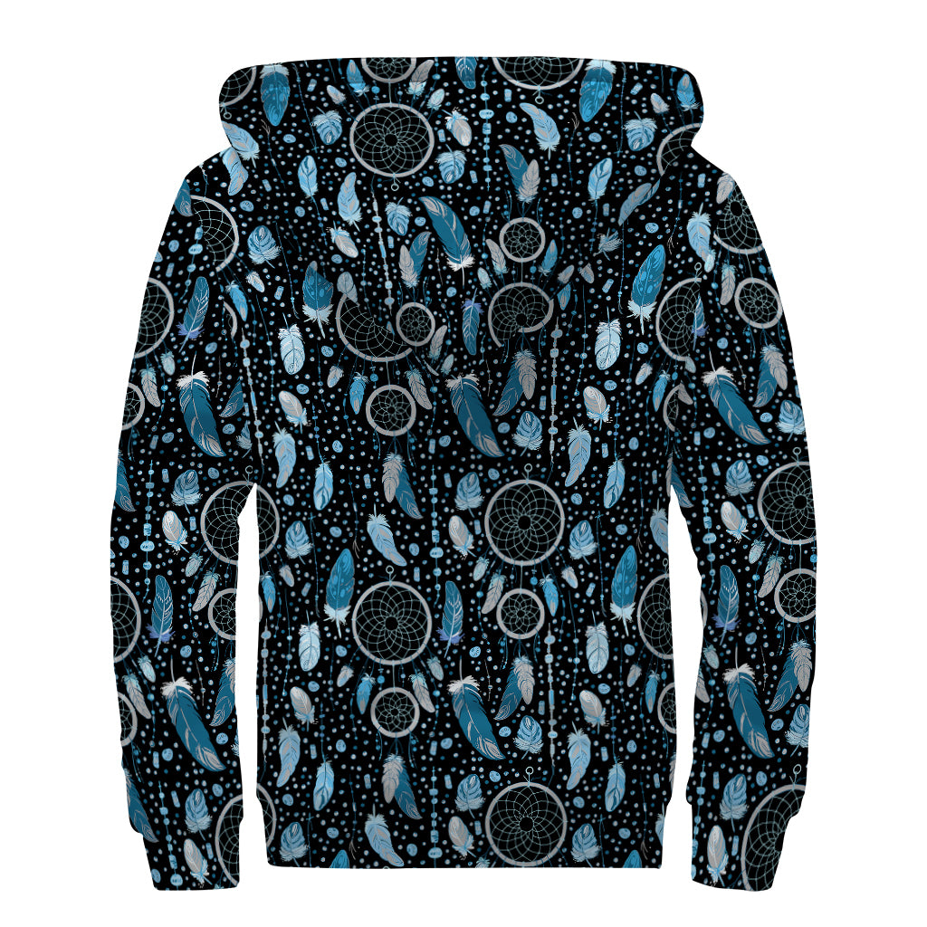 Blue Native Dream Catcher Pattern Print Sherpa Lined Zip Up Hoodie