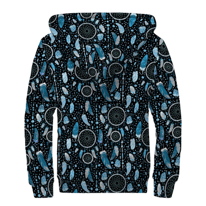 Blue Native Dream Catcher Pattern Print Sherpa Lined Zip Up Hoodie