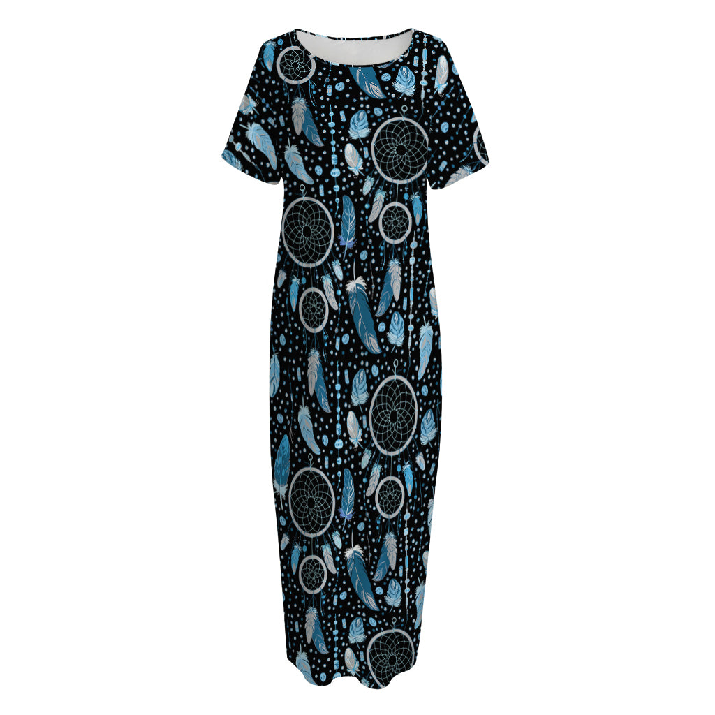 Blue Native Dream Catcher Pattern Print Short Sleeve Long Nightdress