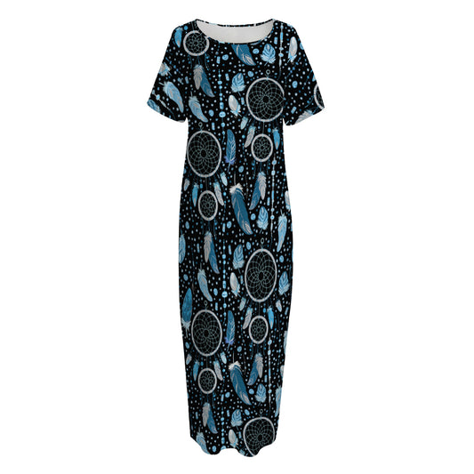 Blue Native Dream Catcher Pattern Print Short Sleeve Long Nightdress