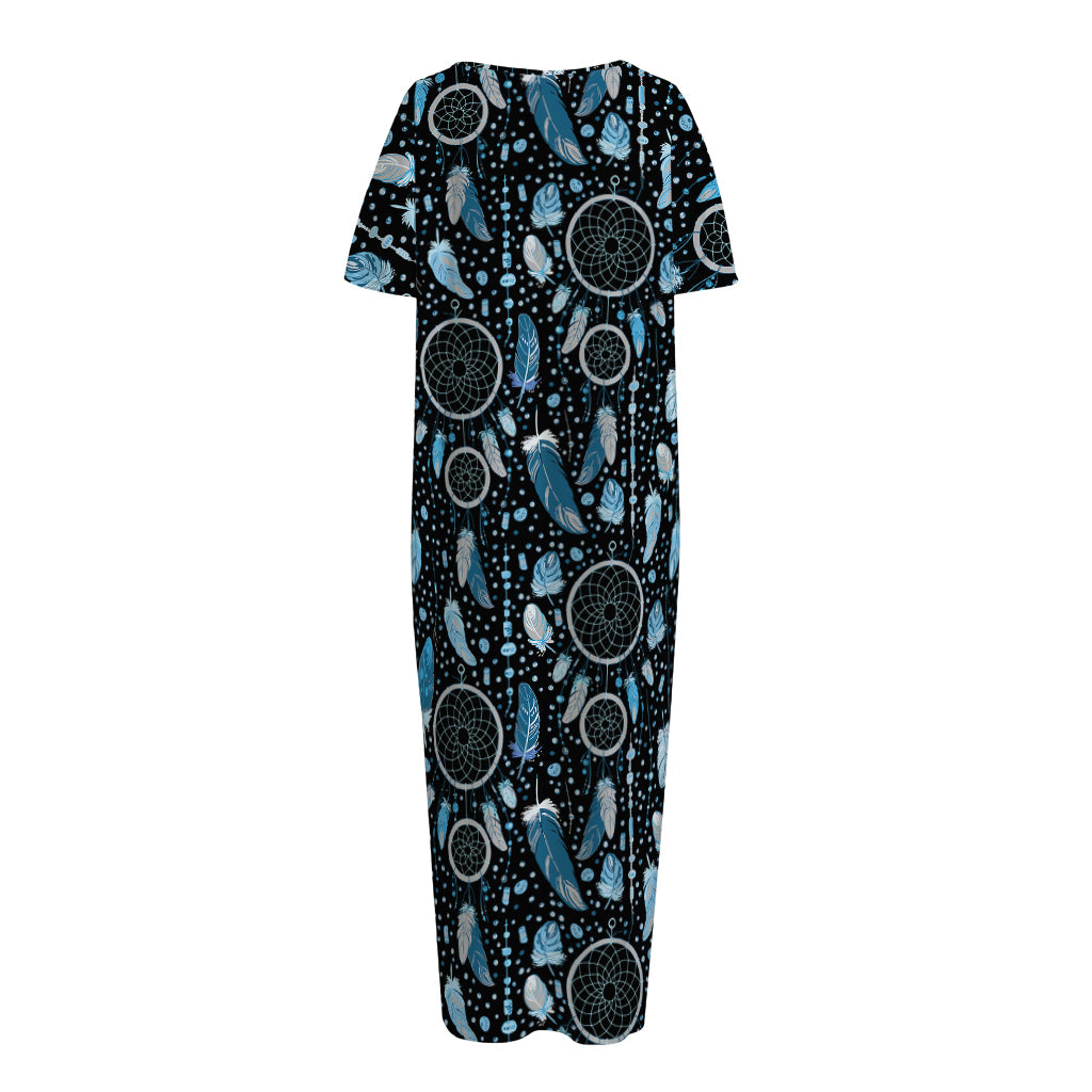 Blue Native Dream Catcher Pattern Print Short Sleeve Long Nightdress