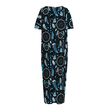 Blue Native Dream Catcher Pattern Print Short Sleeve Long Nightdress