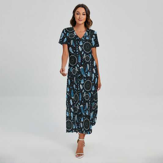 Blue Native Dream Catcher Pattern Print Short Sleeve Maxi Dress