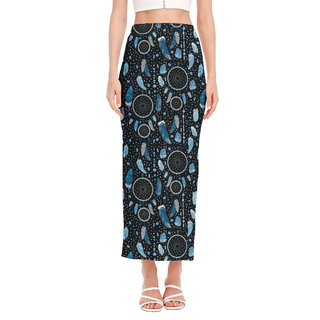 Blue Native Dream Catcher Pattern Print Side Slit Maxi Skirt