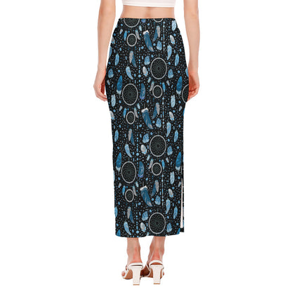 Blue Native Dream Catcher Pattern Print Side Slit Maxi Skirt