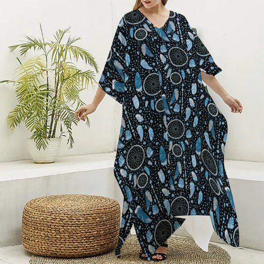 Blue Native Dream Catcher Pattern Print Silk V-Neck Kaftan Dress