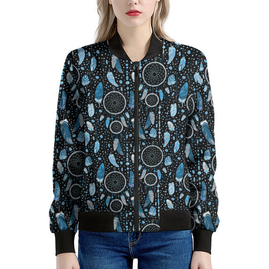 Blue Native Dream Catcher Pattern Print Women's Bomber Jacket