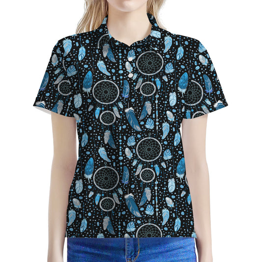 Blue Native Dream Catcher Pattern Print Women's Polo Shirt