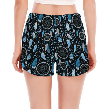 Blue Native Dream Catcher Pattern Print Women's Split Running Shorts