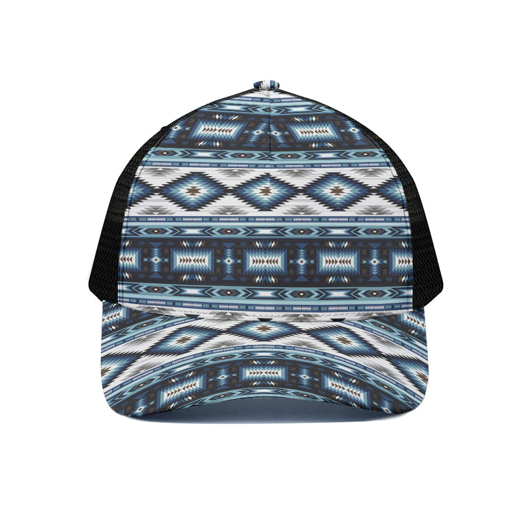 Blue Native Navajo Print Black Mesh Trucker Cap