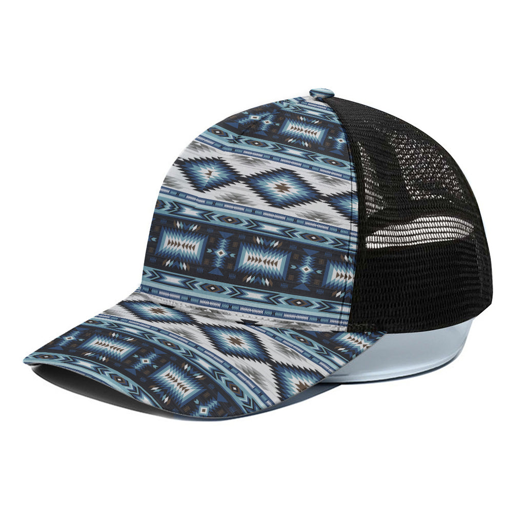 Blue Native Navajo Print Black Mesh Trucker Cap