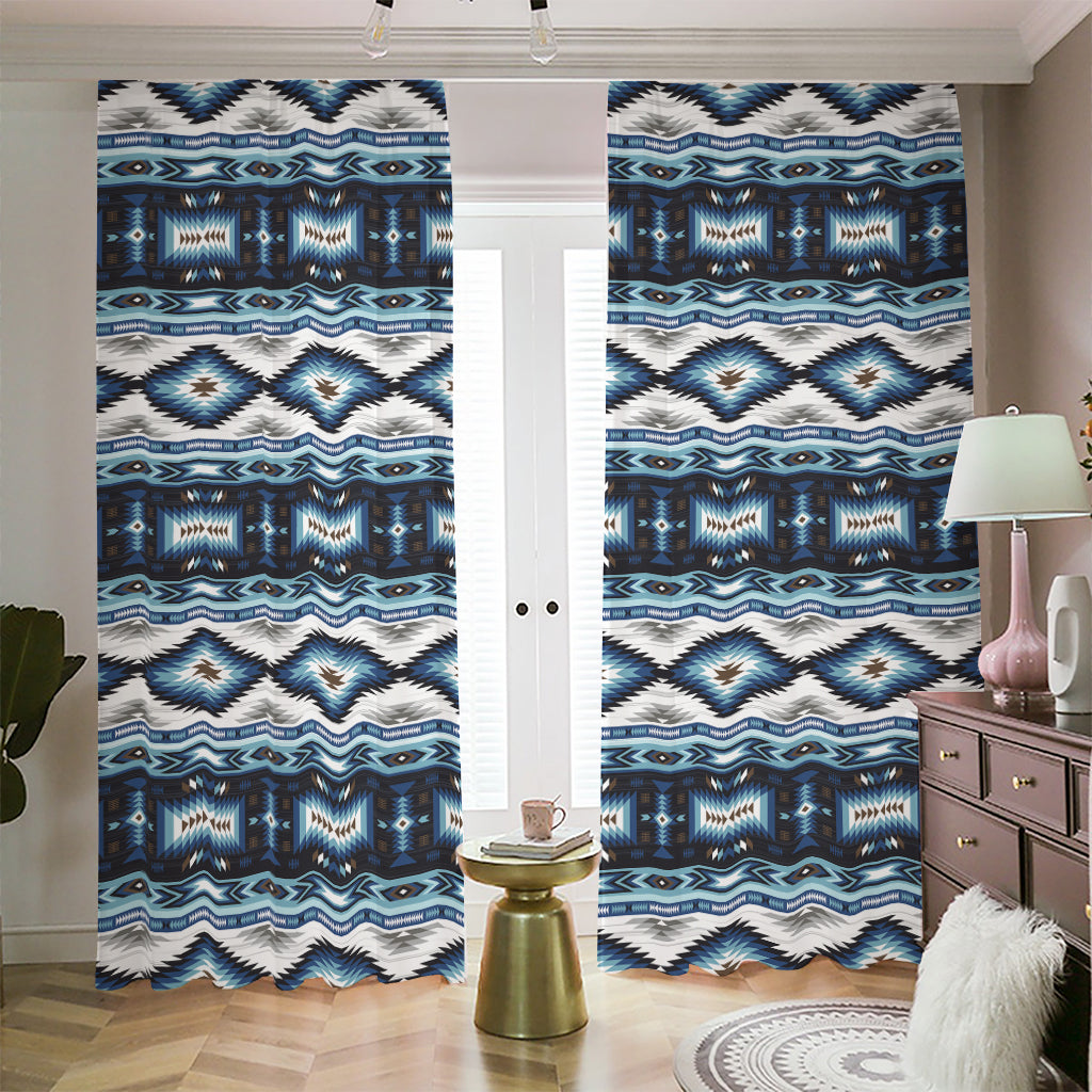 Blue Native Navajo Print Blackout Pencil Pleat Curtains