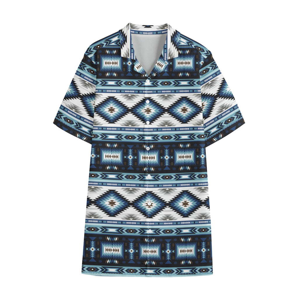 Blue Native Navajo Print Cotton Hawaiian Shirt