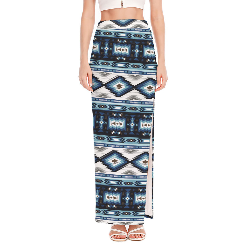 Blue Native Navajo Print High Slit Maxi Skirt