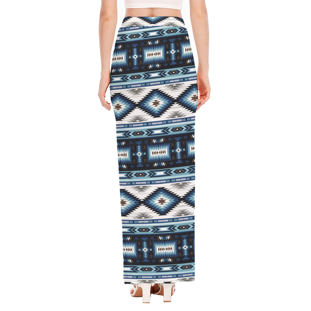 Blue Native Navajo Print High Slit Maxi Skirt