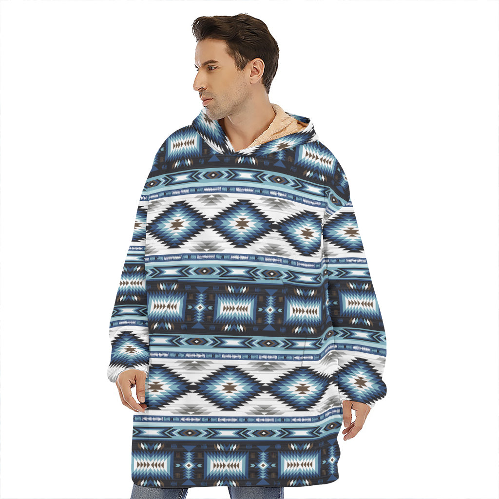 Blue Native Navajo Print Hoodie Blanket
