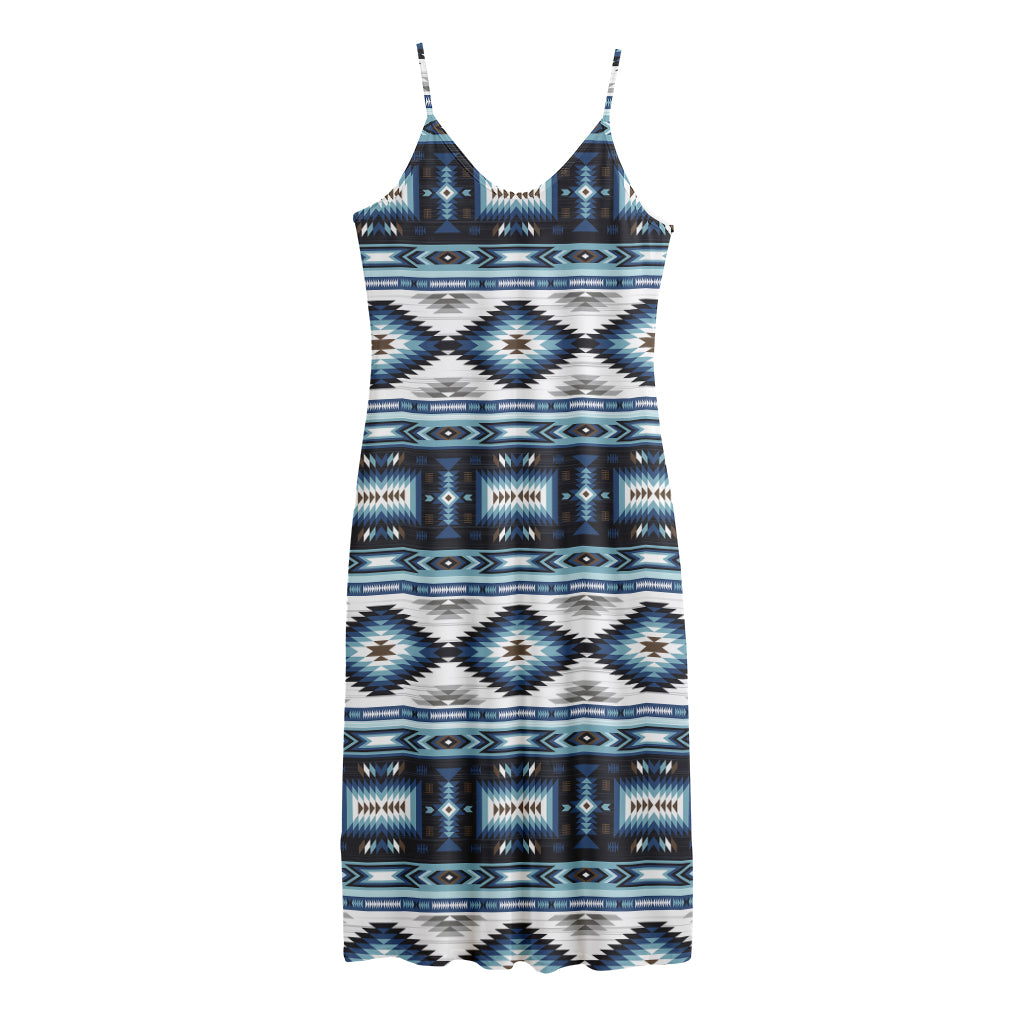 Blue Native Navajo Print Jersey Midi Cami Dress