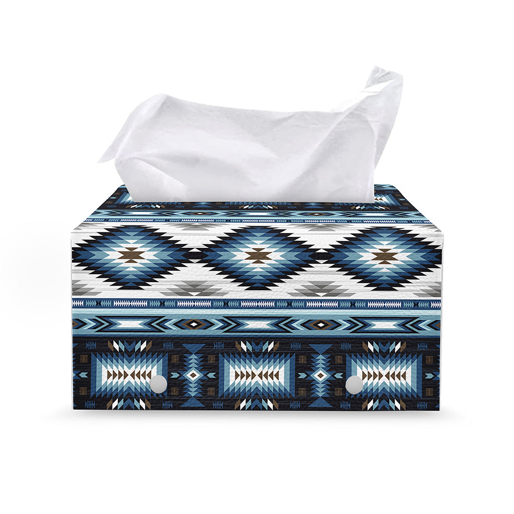 Blue Native Navajo Print Leather Tissue Box Cover