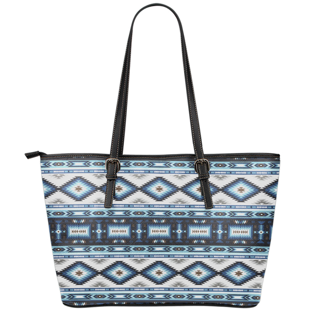 Blue Native Navajo Print Leather Tote Bag