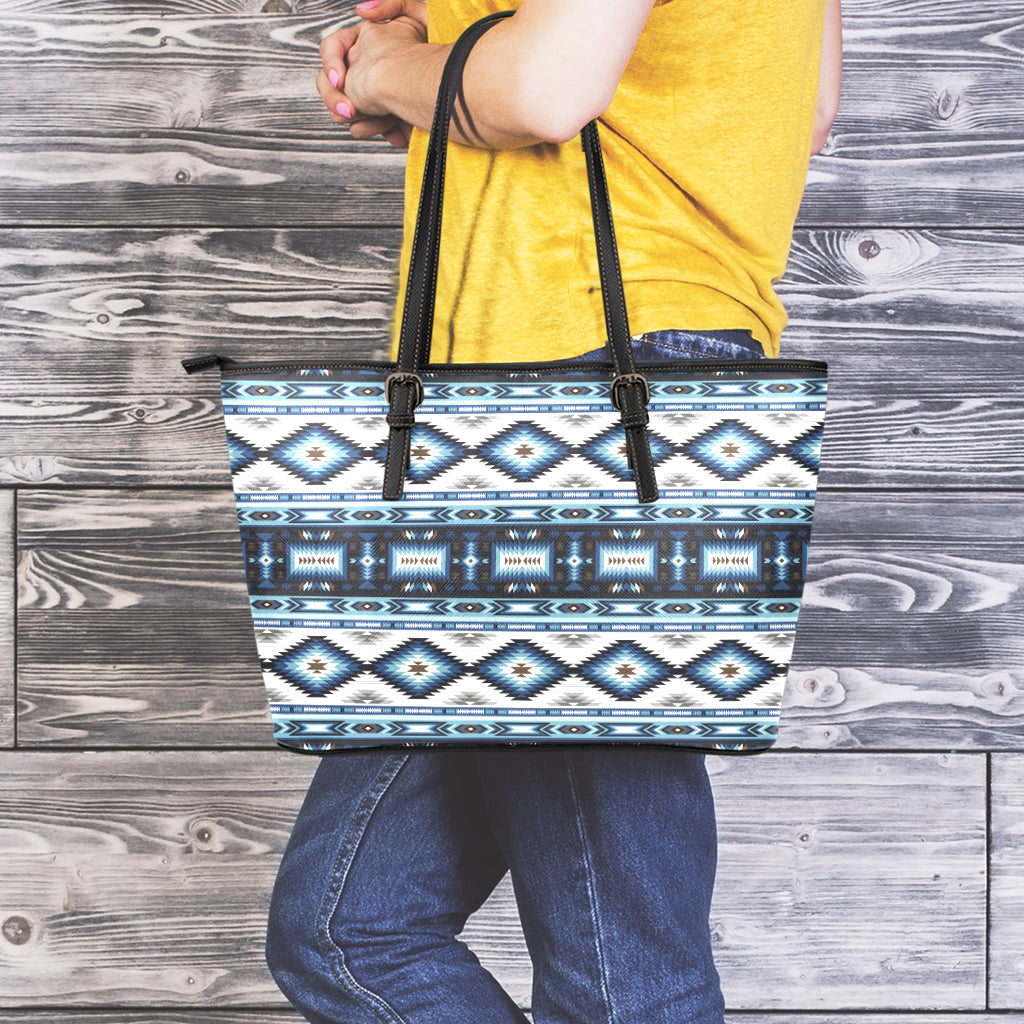 Blue Native Navajo Print Leather Tote Bag