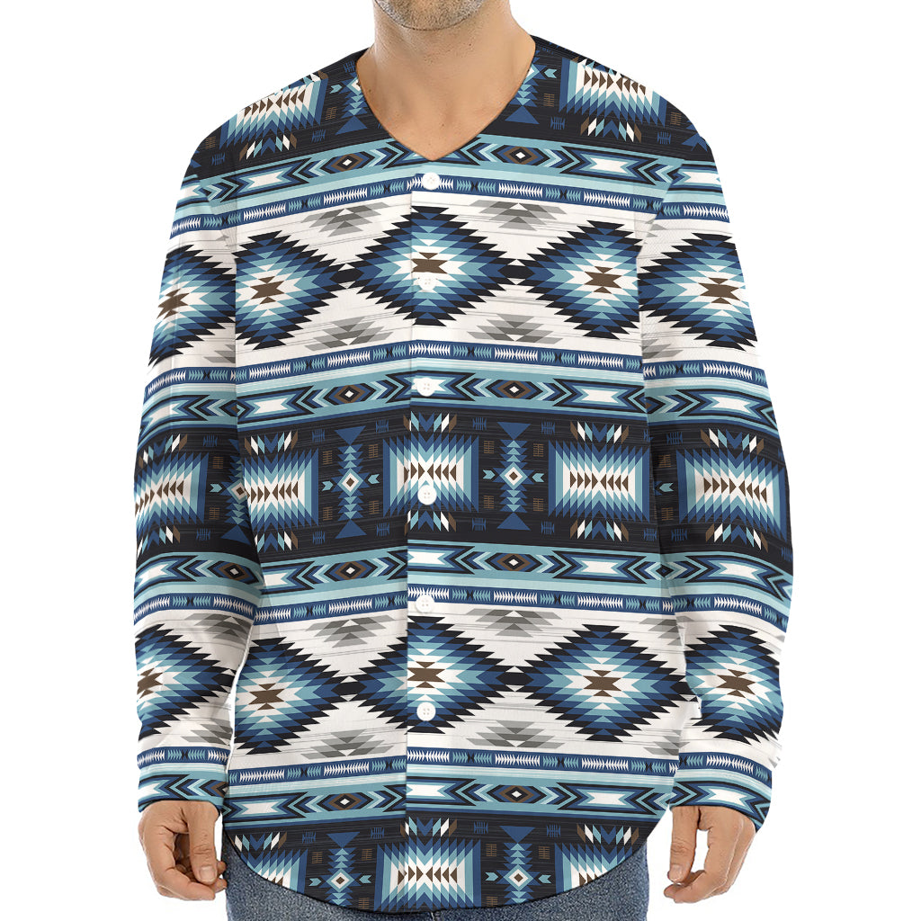 Blue Native Navajo Print Long Sleeve Baseball Jersey