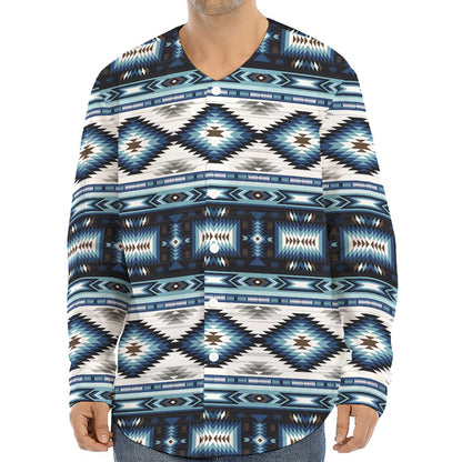 Blue Native Navajo Print Long Sleeve Baseball Jersey