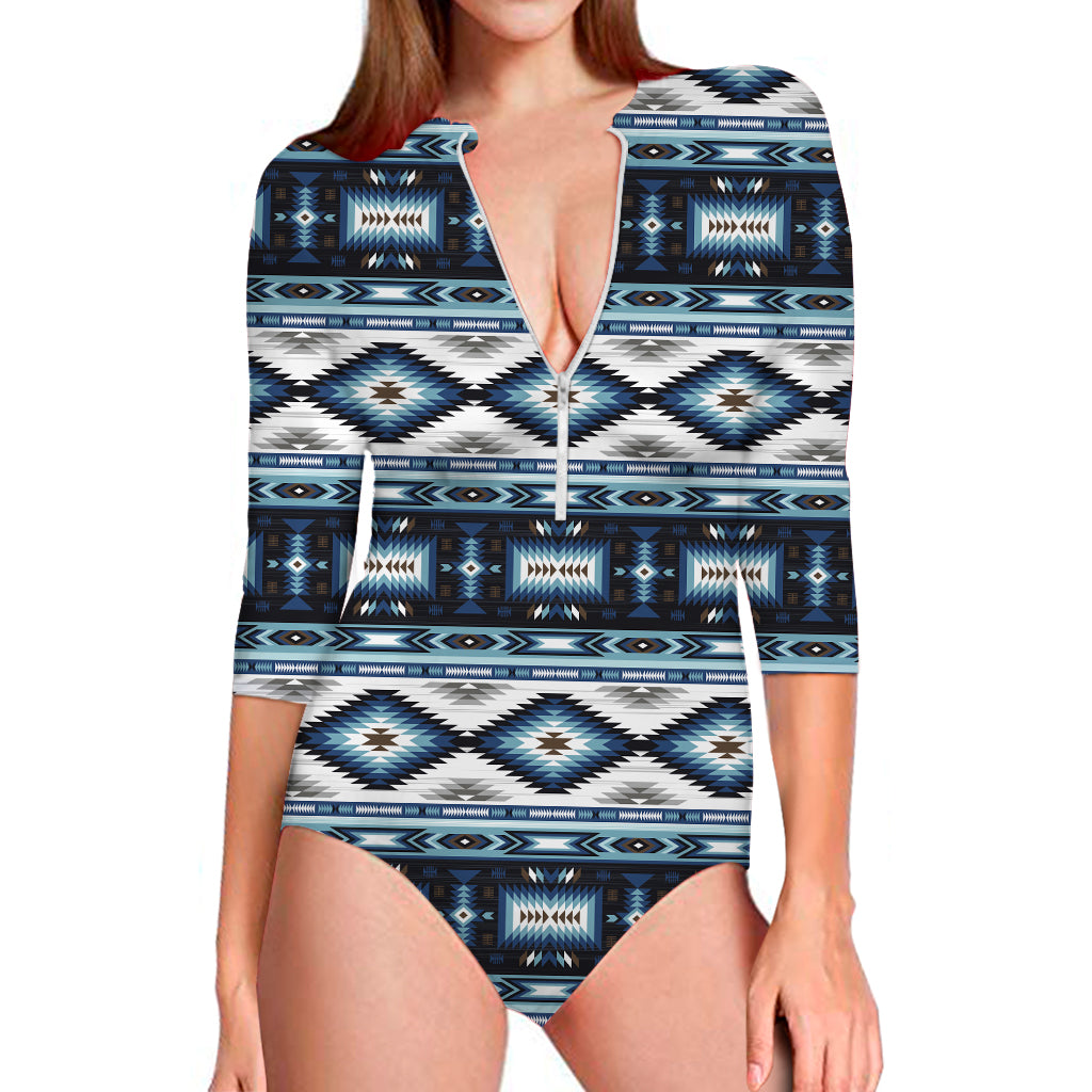 Blue Native Navajo Print Long Sleeve Swimsuit