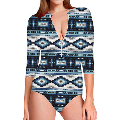 Blue Native Navajo Print Long Sleeve Swimsuit