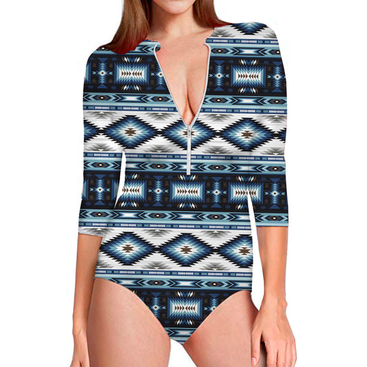 Blue Native Navajo Print Long Sleeve Swimsuit
