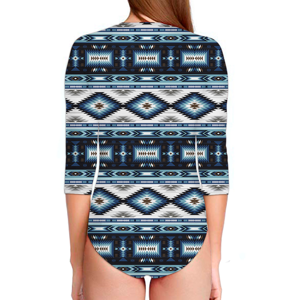 Blue Native Navajo Print Long Sleeve Swimsuit