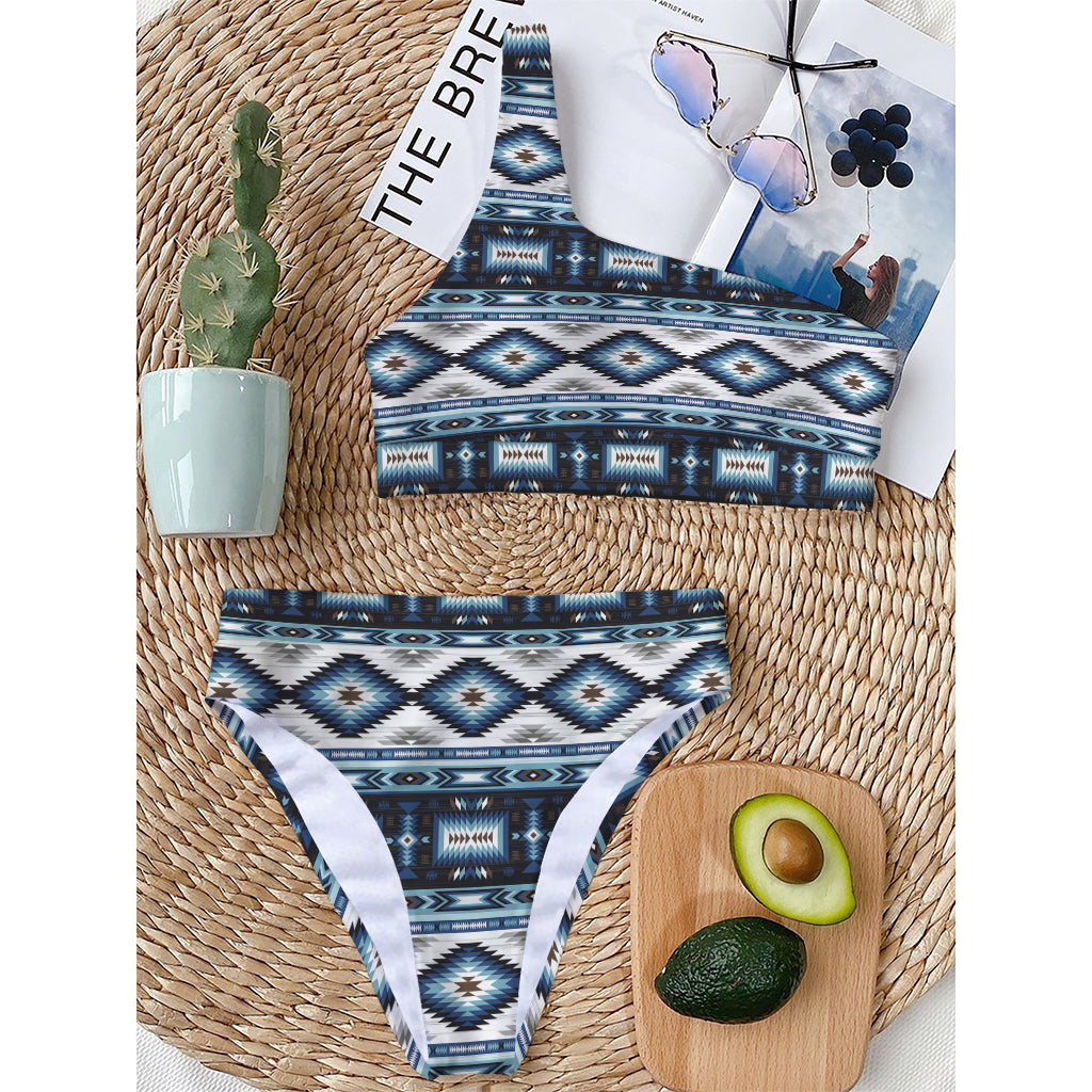 Blue Native Navajo Print One Shoulder Bikini Top