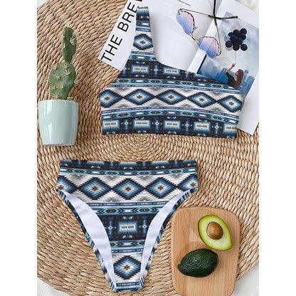 Blue Native Navajo Print One Shoulder Bikini Top