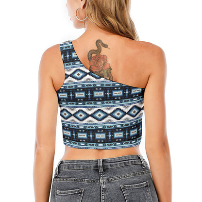 Blue Native Navajo Print One Shoulder Crop Top