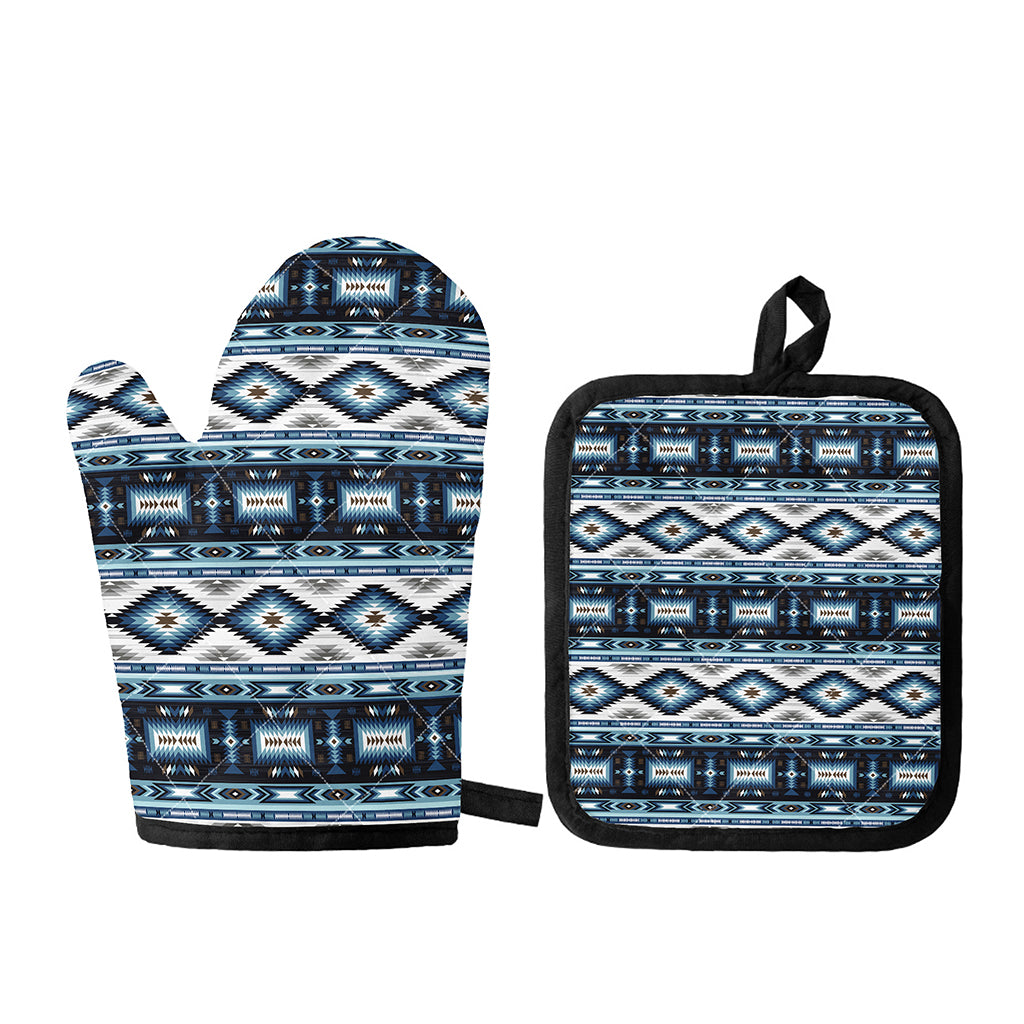 Blue Native Navajo Print Oven Mitt And Pot Holder Set
