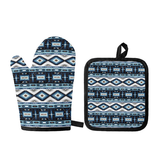 Blue Native Navajo Print Oven Mitt And Pot Holder Set