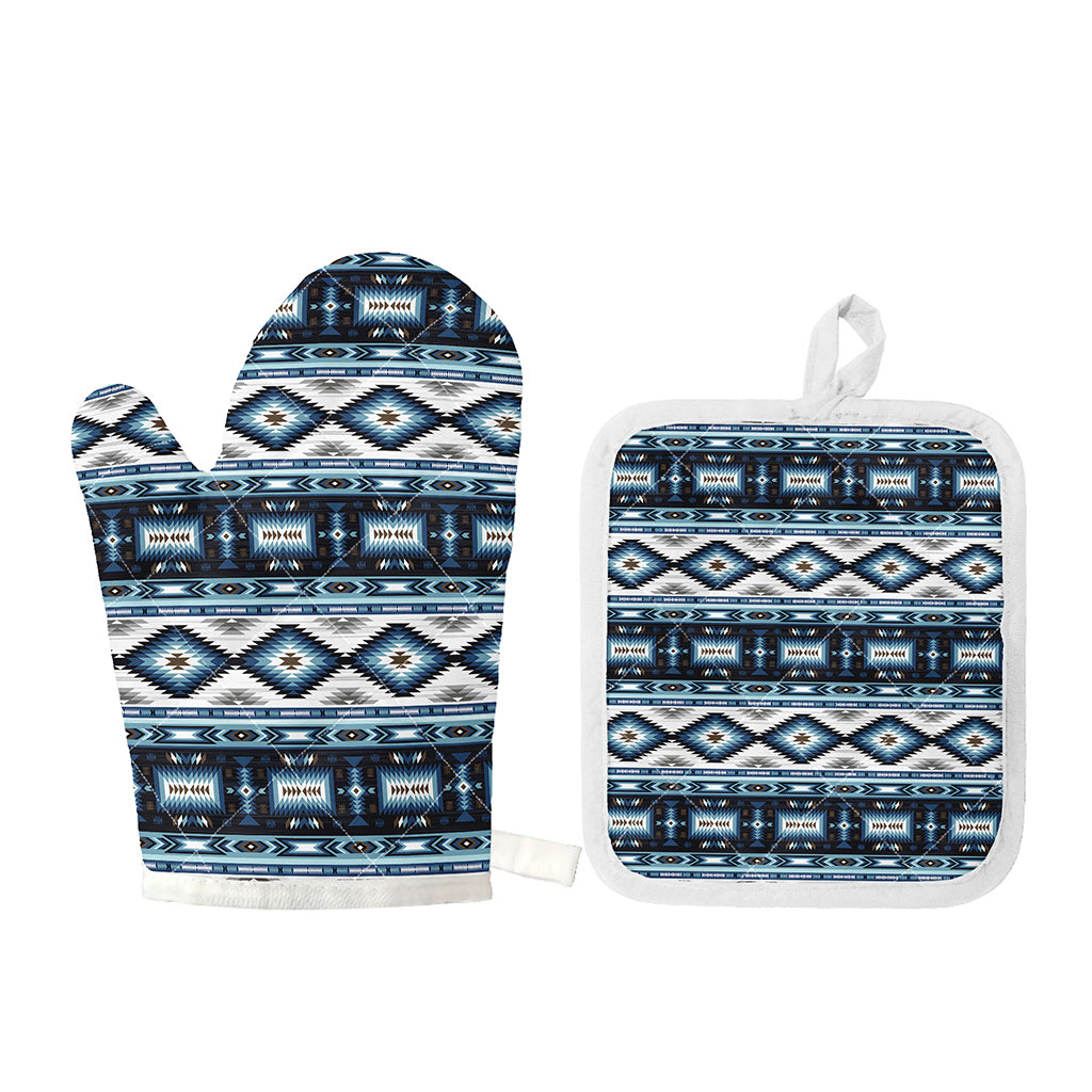 Blue Native Navajo Print Oven Mitt And Pot Holder Set