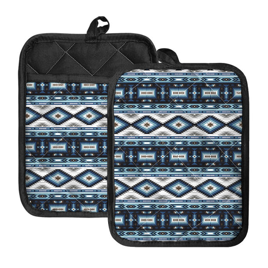 Blue Native Navajo Print Pot Holders With Pocket