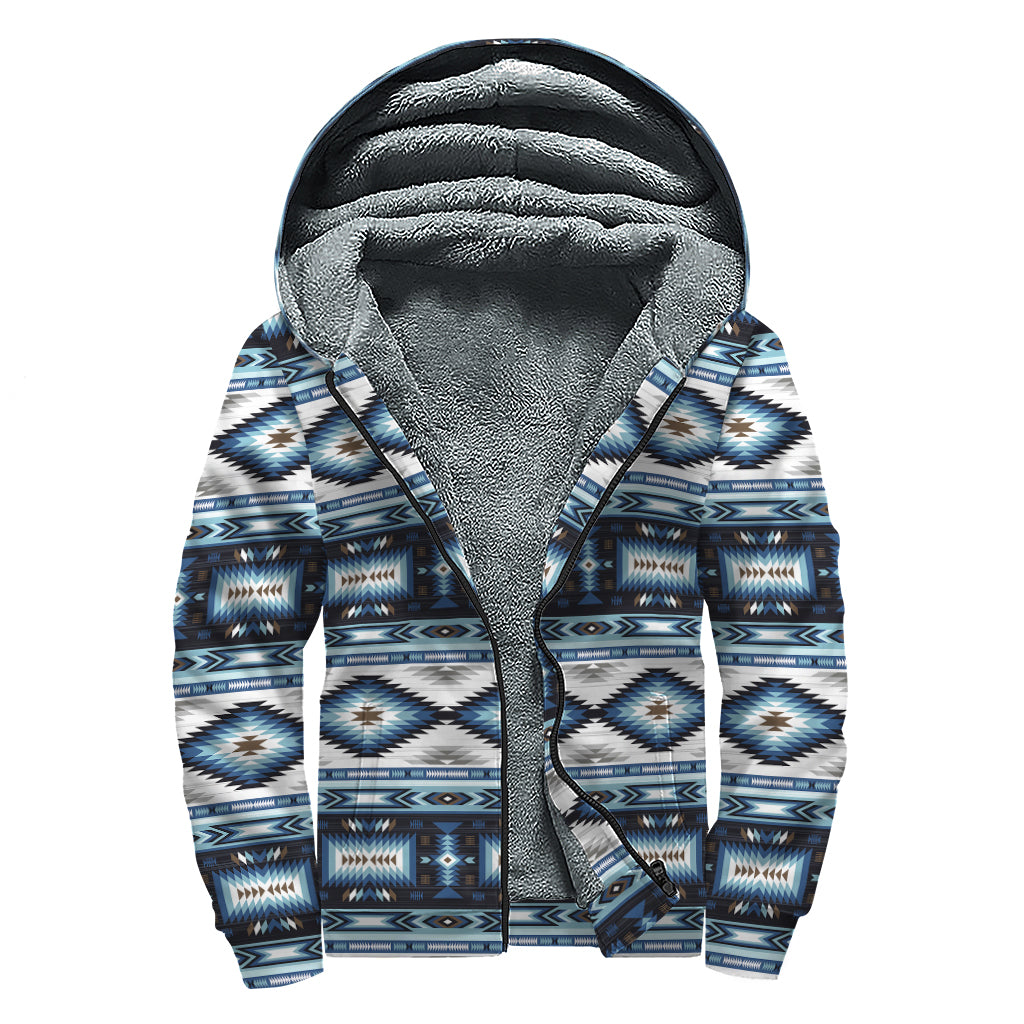 Blue Native Navajo Print Sherpa Lined Zip Up Hoodie