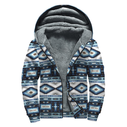 Blue Native Navajo Print Sherpa Lined Zip Up Hoodie
