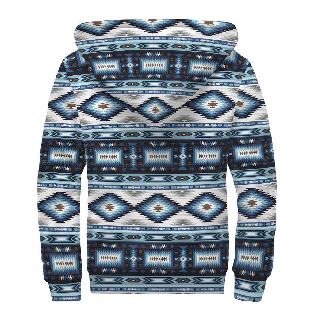 Blue Native Navajo Print Sherpa Lined Zip Up Hoodie