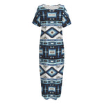 Blue Native Navajo Print Short Sleeve Long Nightdress