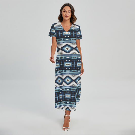 Blue Native Navajo Print Short Sleeve Maxi Dress