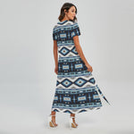 Blue Native Navajo Print Short Sleeve Maxi Dress