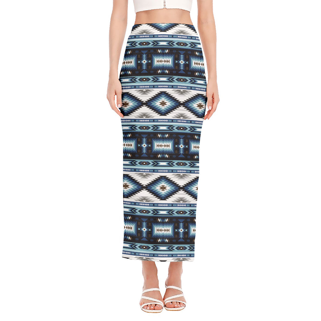 Blue Native Navajo Print Side Slit Maxi Skirt