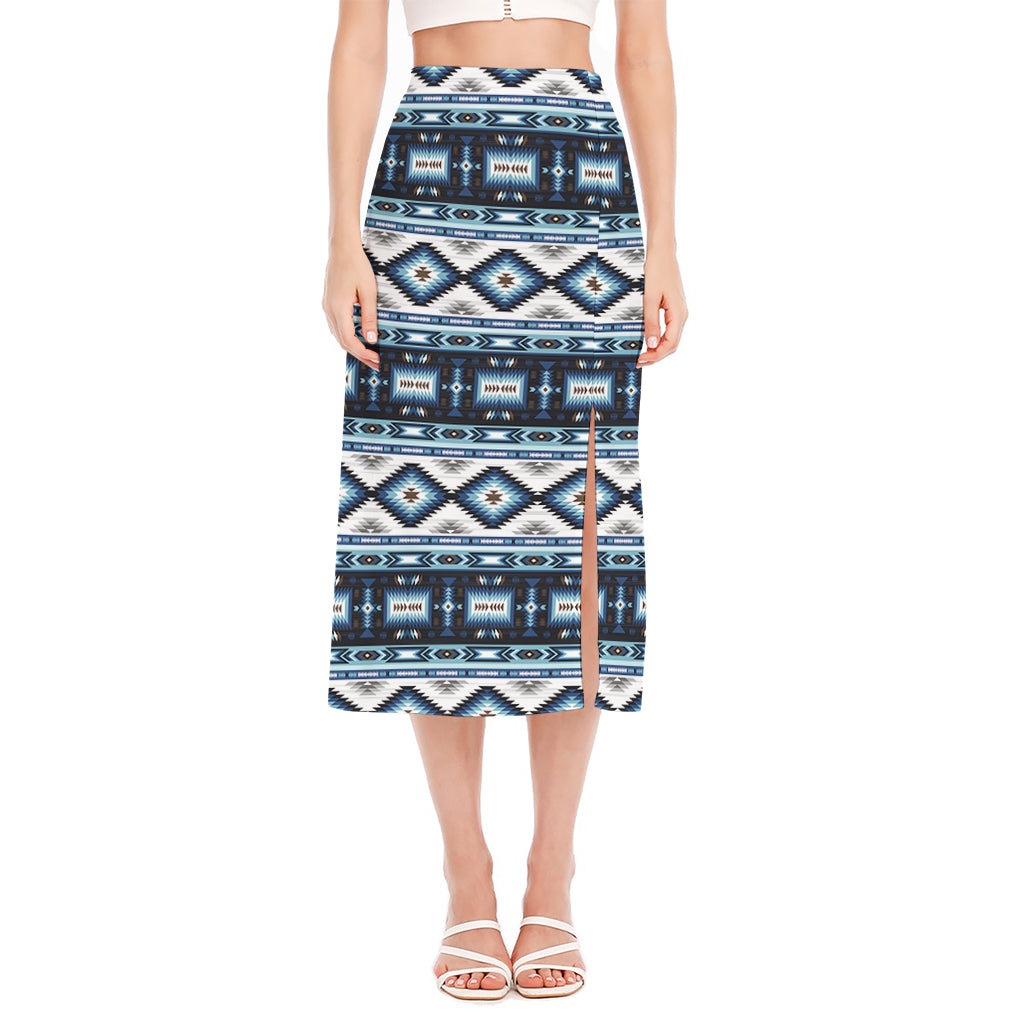 Blue Native Navajo Print Side Slit Midi Skirt