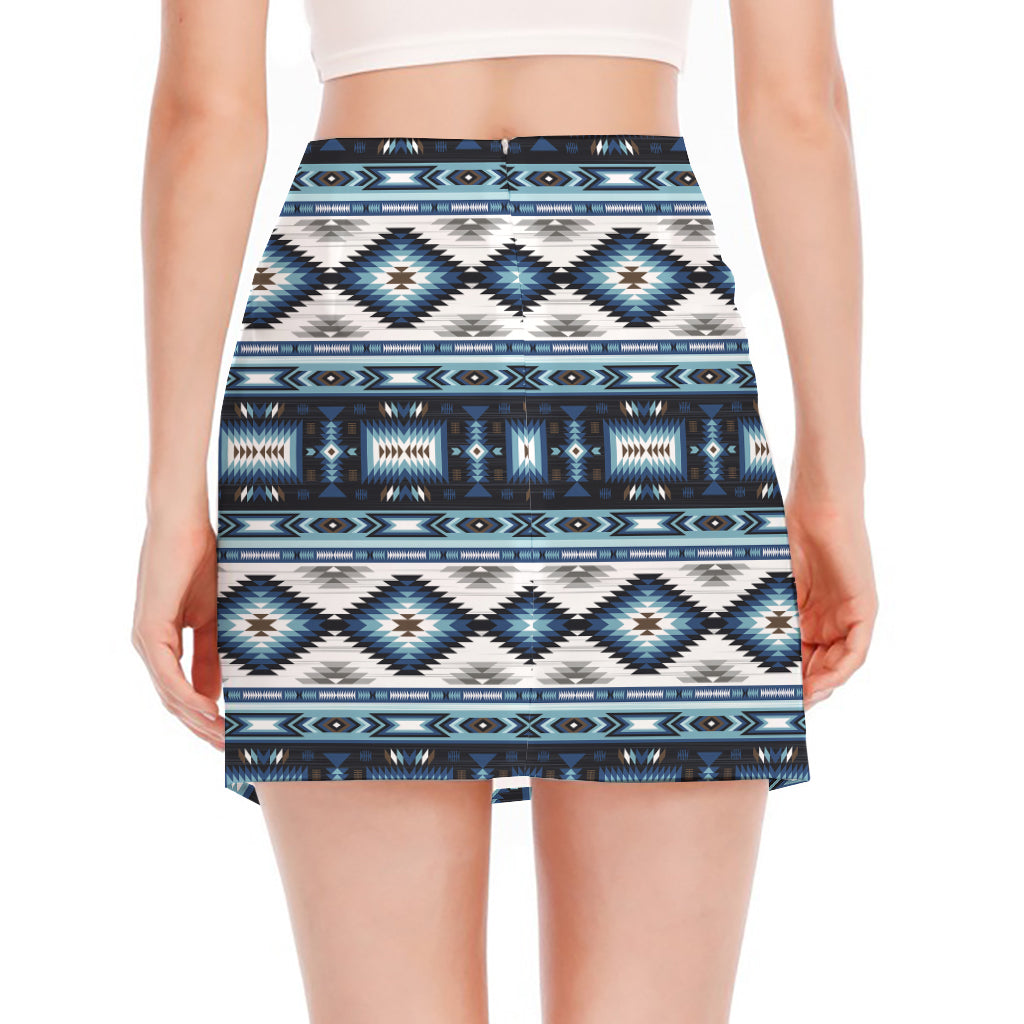 Blue Native Navajo Print Side Slit Mini Skirt