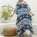 Blue Native Navajo Print Silk V-Neck Kaftan Dress