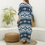 Blue Native Navajo Print Silk V-Neck Kaftan Dress